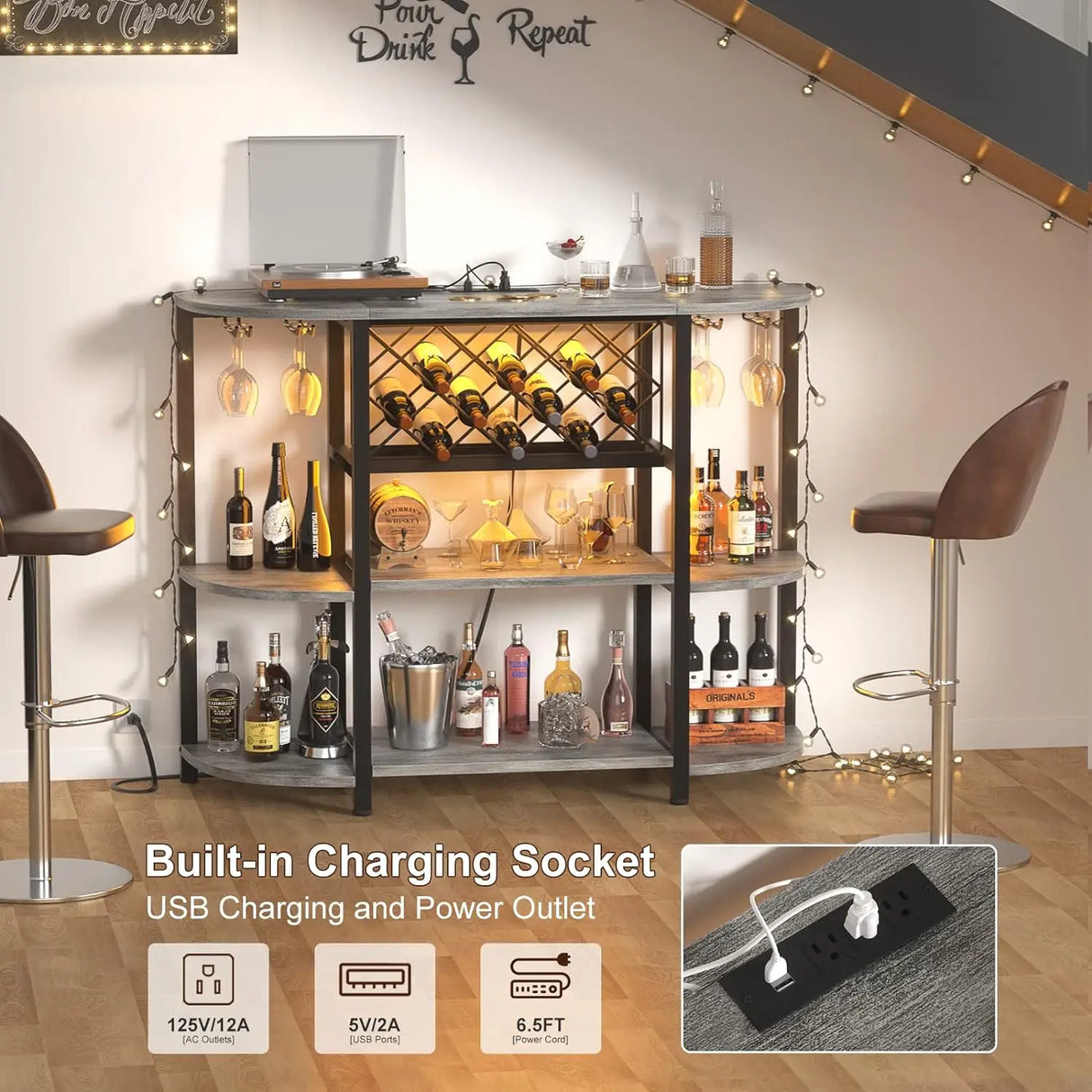 Unikito 4-Tier Metal Coffee Bar Cabinet with Outlet