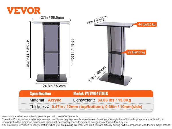 VEVOR 47" Acrylic Podium Stand Floor-Standing Clear Pulpits