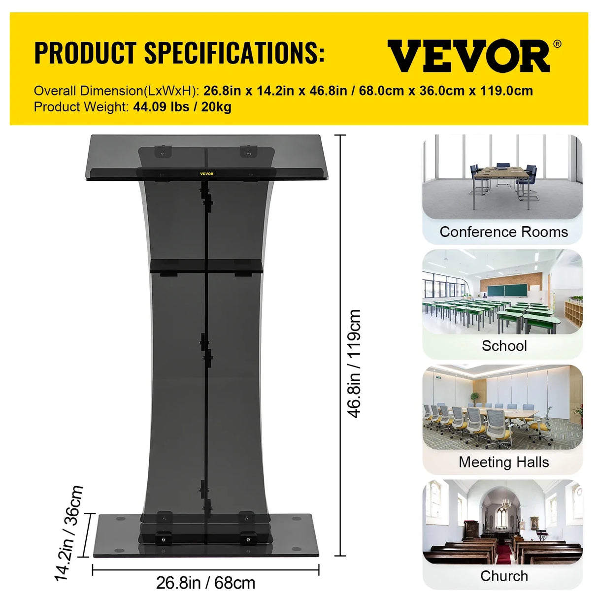 VEVOR 47" Clear Podium Stand Floor-Standing Acrylic Podium