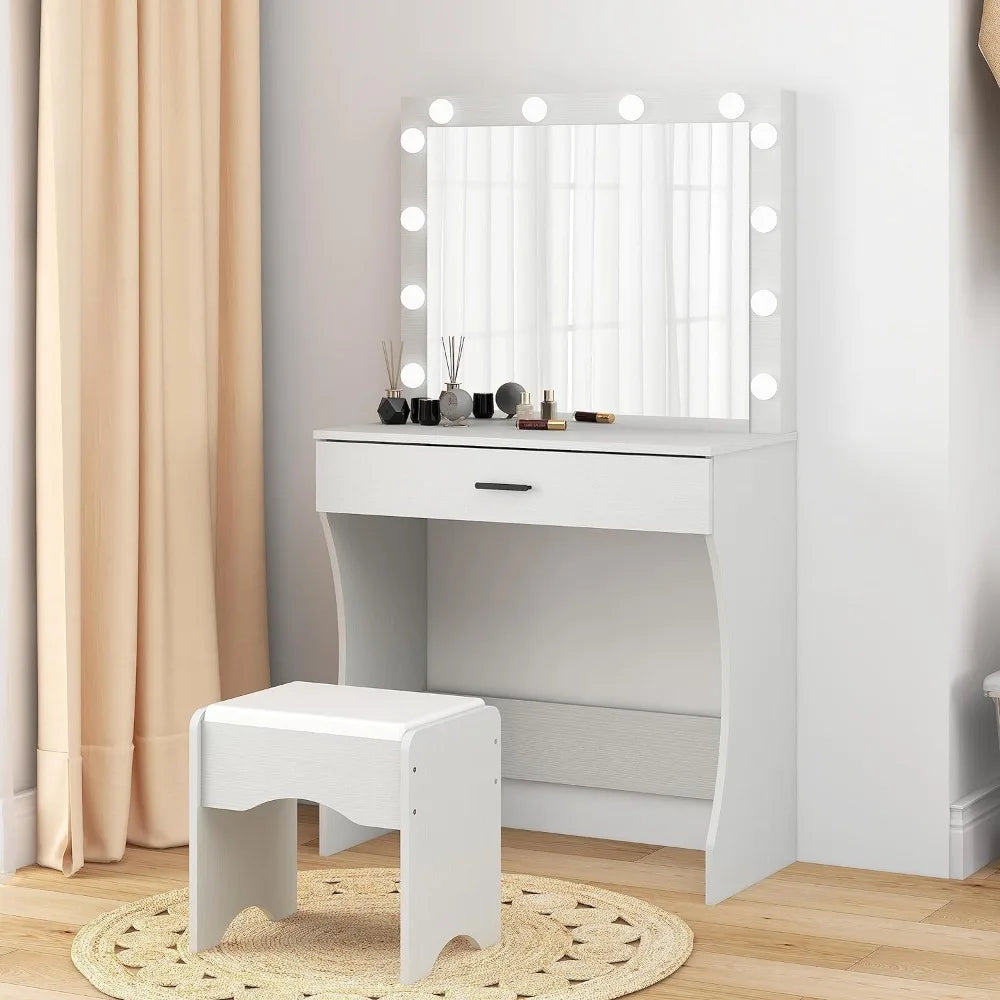 Vanity Desk with Mirror and Adjustable Lights, One