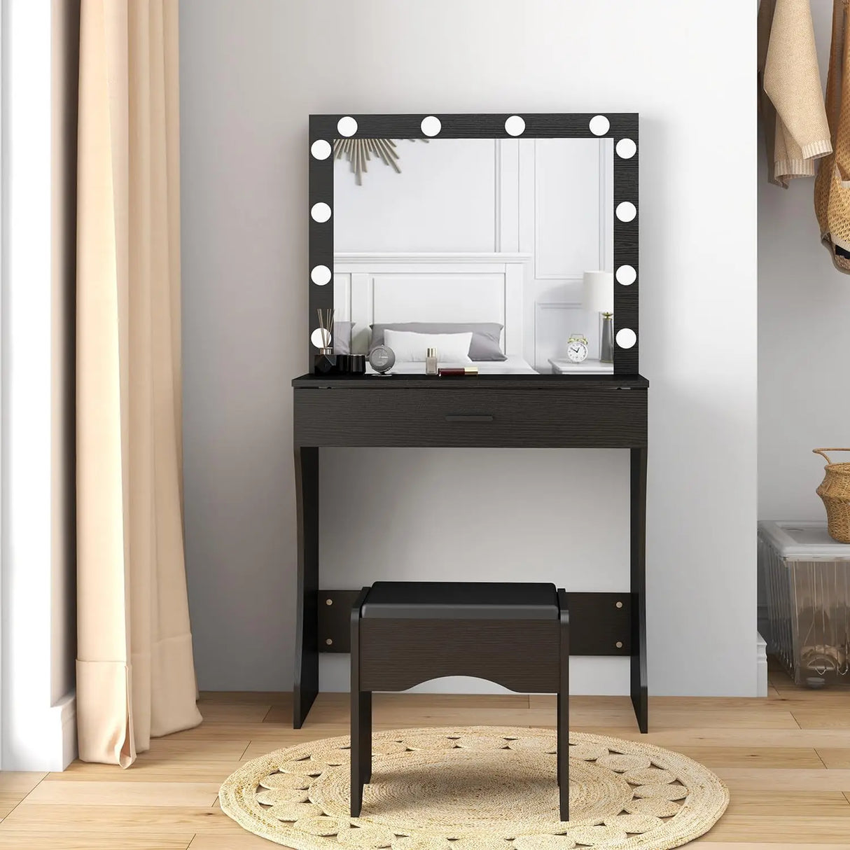 Vanity Desk with Mirror and Adjustable Lights, One