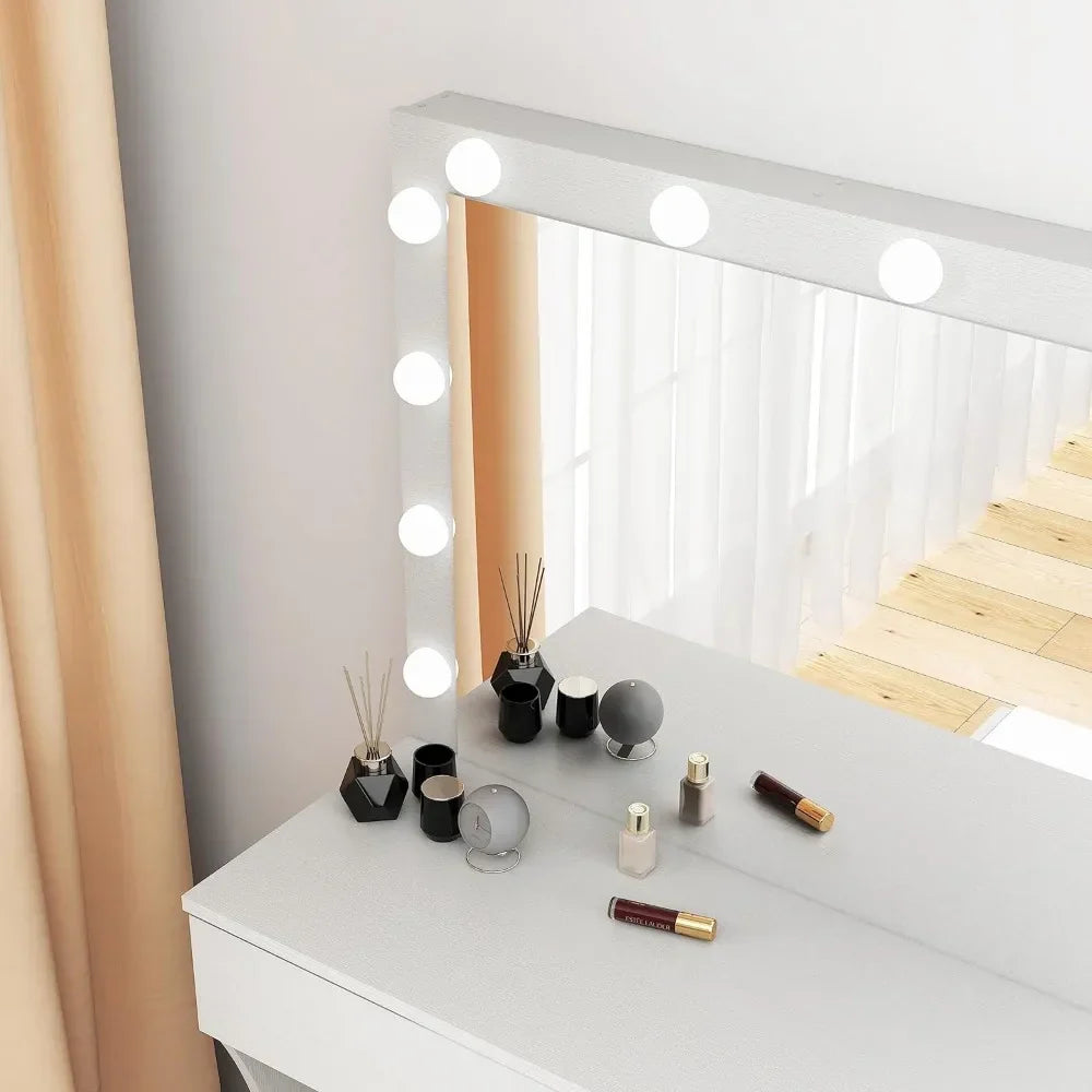 Vanity Desk with Mirror and Adjustable Lights, One