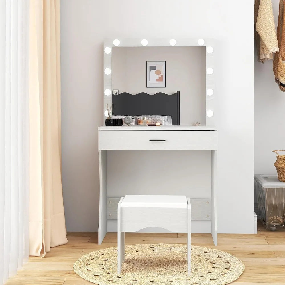 Vanity Desk with Mirror and Adjustable Lights, One