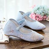 Veowalk Soft Comfortable Women Jacquard Cotton Pointy Toe Mary Jane Flats Retro Chinese Style Ladies Embroidered Walking Shoes
