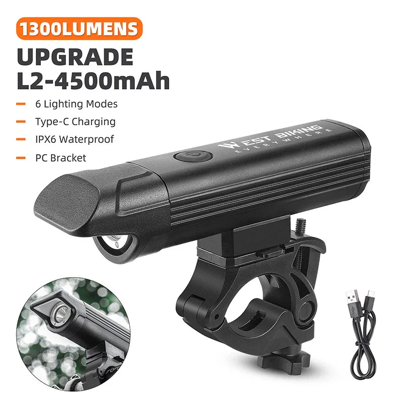 WEST BIKING Anti-Glare Bicycle Headlights IPX6 Waterproof Rechargeable
