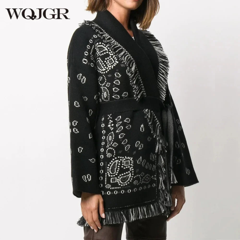 WQJGR High Quality Jacquard Cardigan Sweater Women Wool