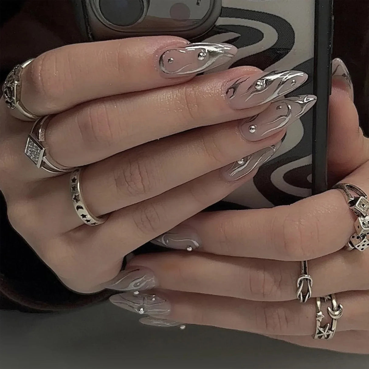 Wearable Silver Stripes Y2k False Nails Long Almond