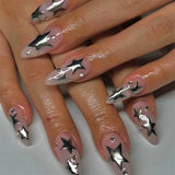 Wearable Silver Stripes Y2k False Nails Long Almond