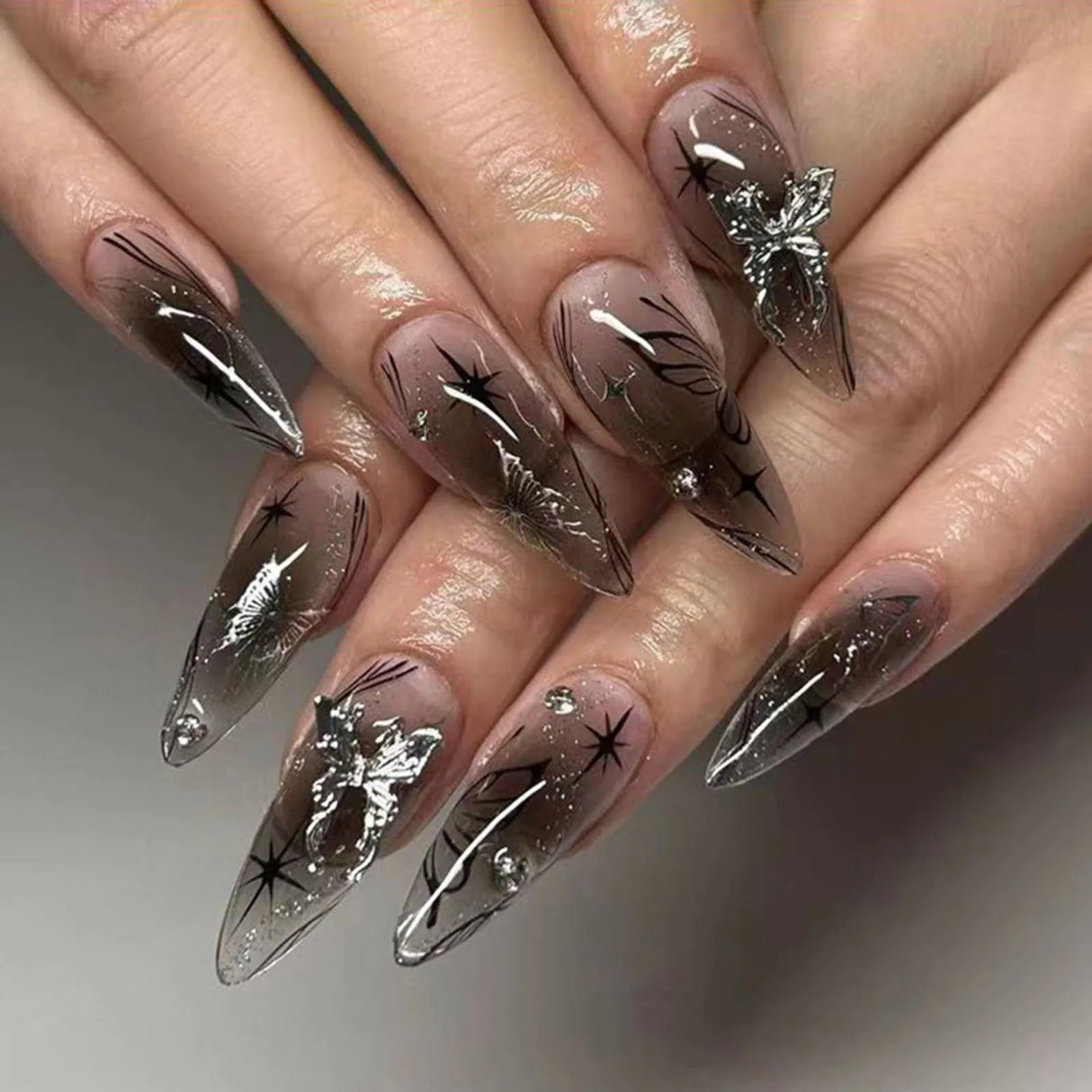 Wearable Silver Stripes Y2k False Nails Long Almond