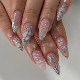 Wearable Silver Stripes Y2k False Nails Long Almond