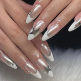 Wearable Silver Stripes Y2k False Nails Long Almond