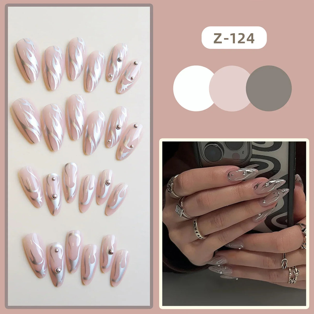 Wearable Silver Stripes Y2k False Nails Long Almond