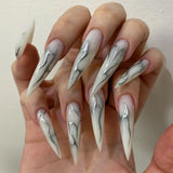 Wearable Silver Stripes Y2k False Nails Long Almond