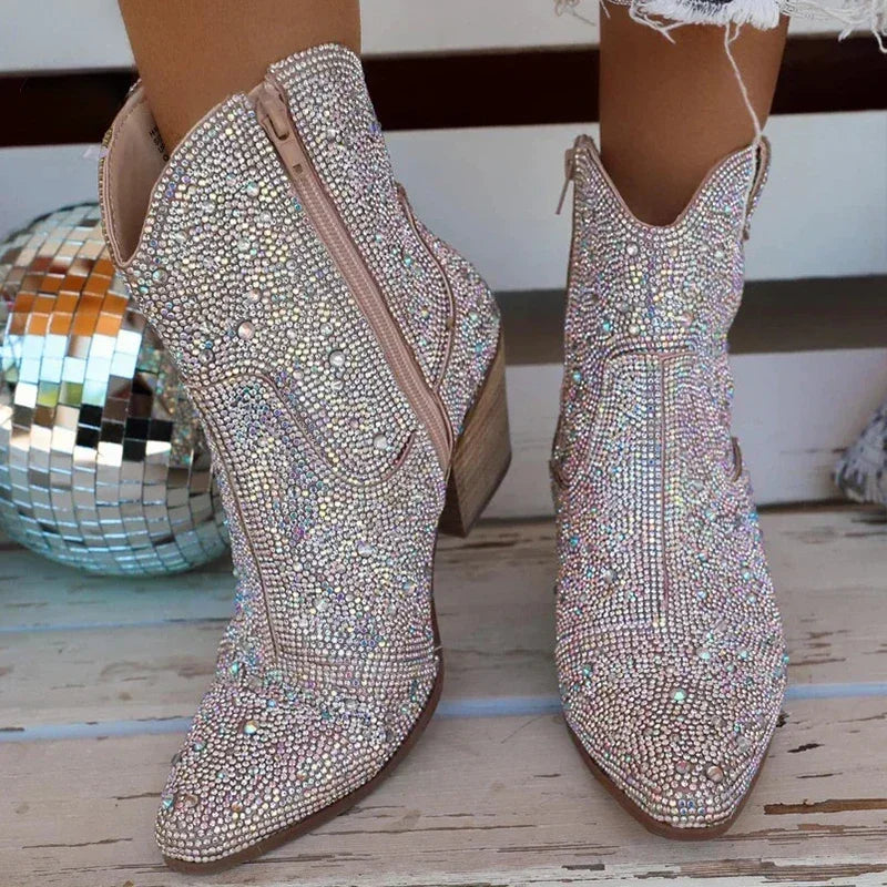 Western Cowboy Boots Fashion Women Ankle Boots Glitter