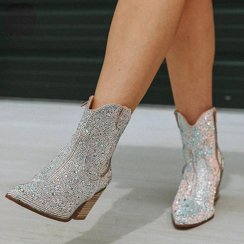 Western Cowboy Boots Fashion Women Ankle Boots Glitter