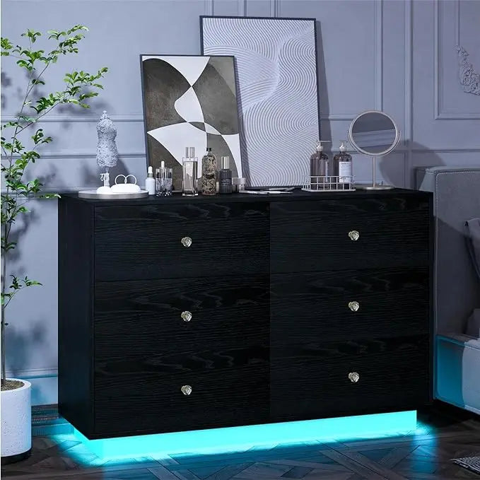 White LED 6 Drawer Dresser for Bedroom, Modern