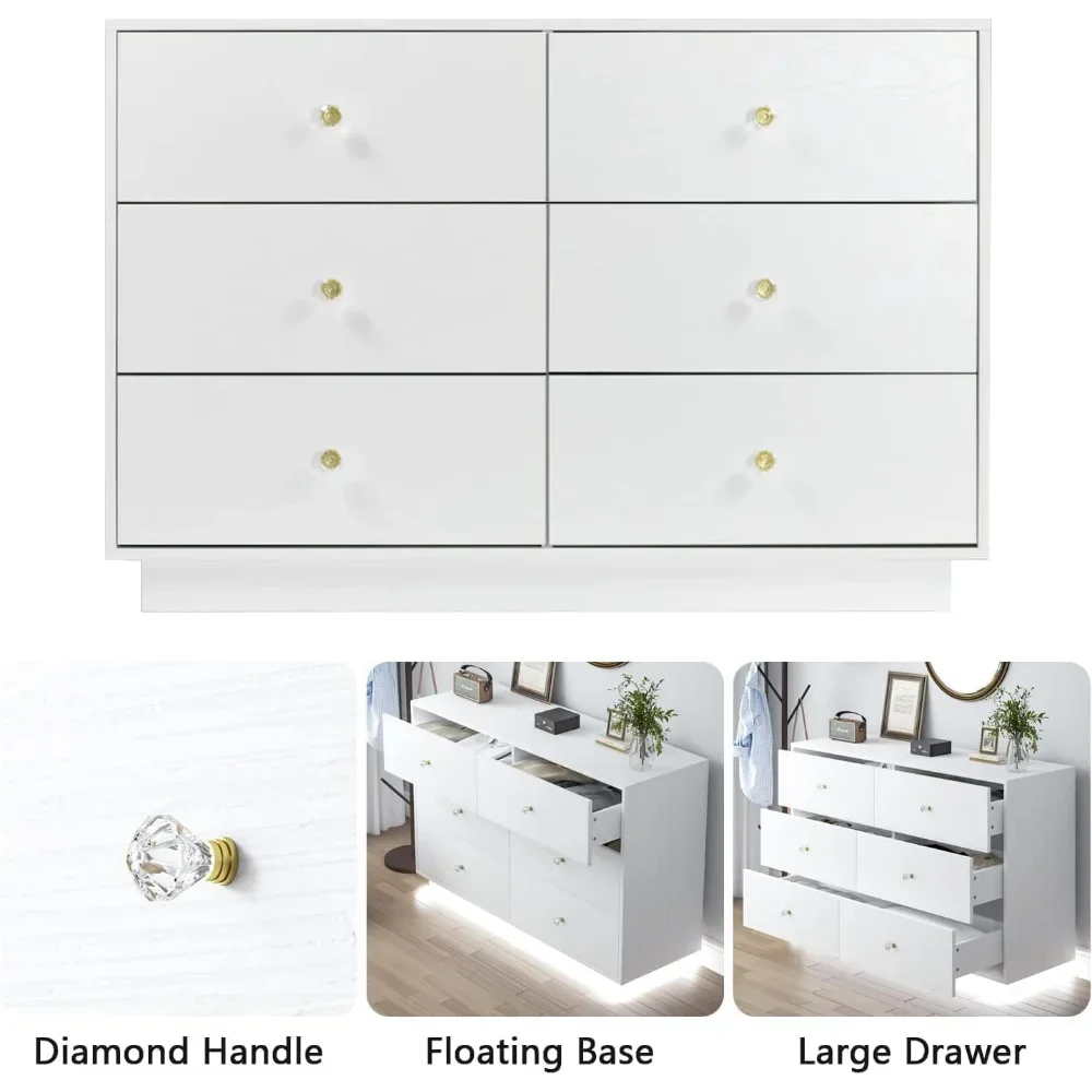 White LED 6 Drawer Dresser for Bedroom, Modern