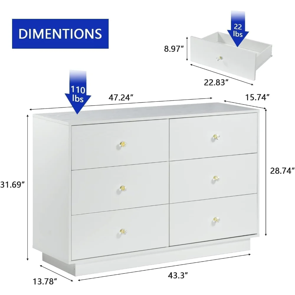 White LED 6 Drawer Dresser for Bedroom, Modern