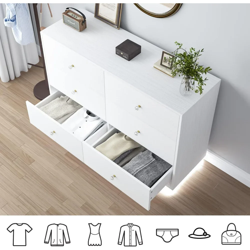 White LED 6 Drawer Dresser for Bedroom, Modern