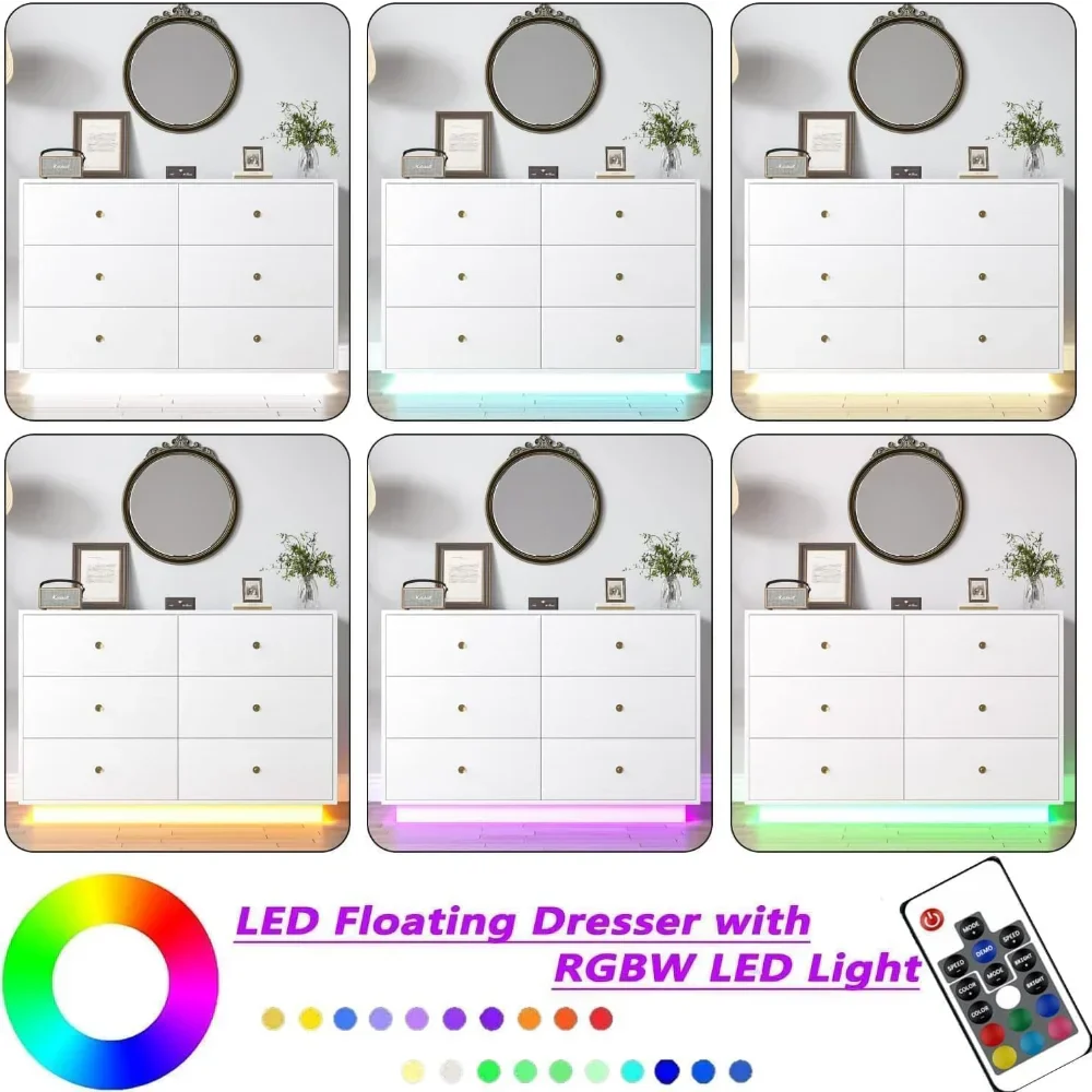 White LED 6 Drawer Dresser for Bedroom, Modern