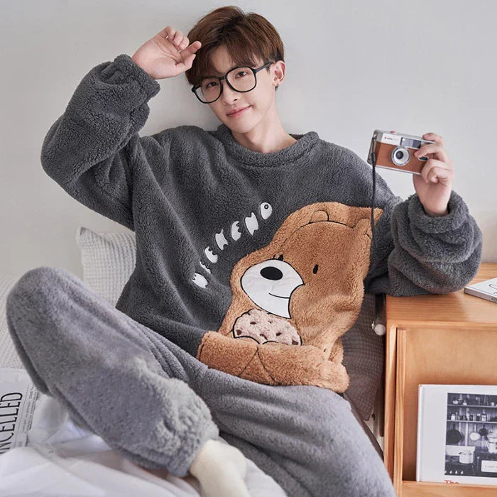 Winter Korean Men Pajamas Sets Adult Sleepwear Home