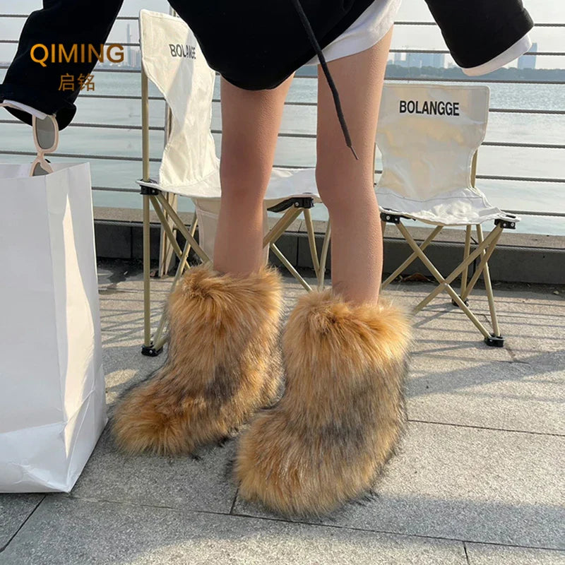 Winter Women Fluffy Faux Fox Fur Boots Woman