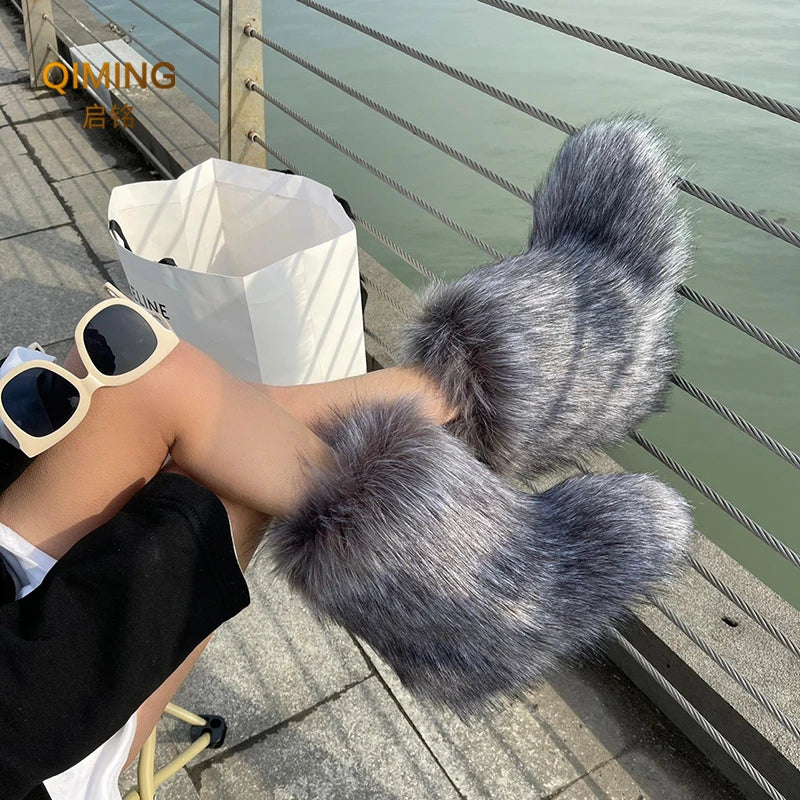 Winter Women Fluffy Faux Fox Fur Boots Woman