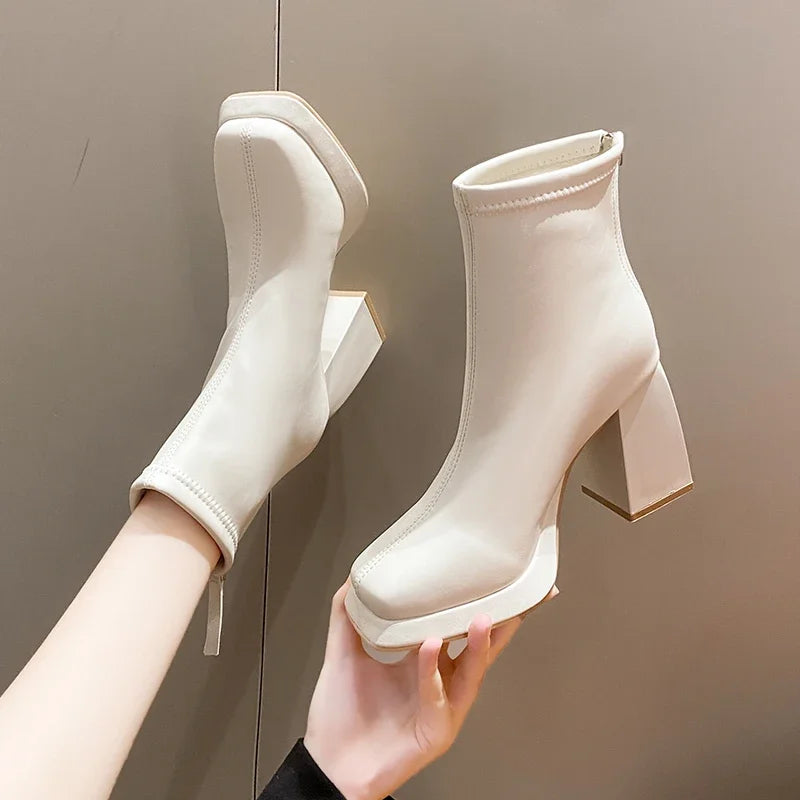 Women Ankle Boots Platform Square High Heel Ladies