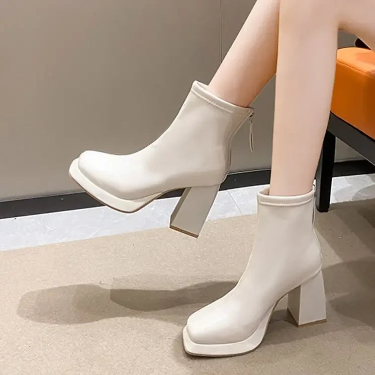 Women Ankle Boots Platform Square High Heel Ladies
