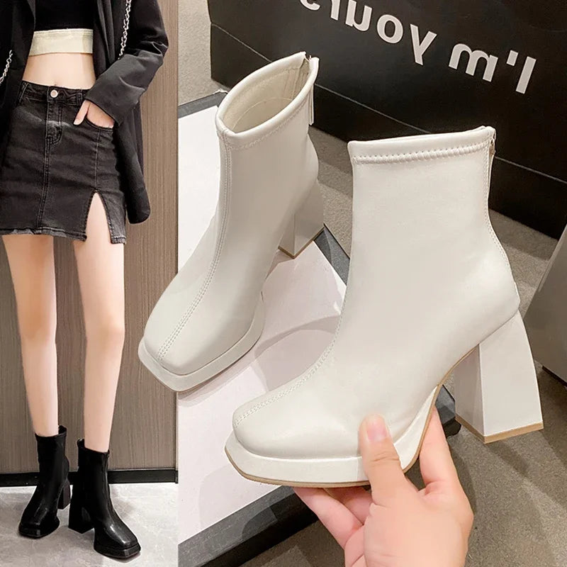 Women Ankle Boots Platform Square High Heel Ladies