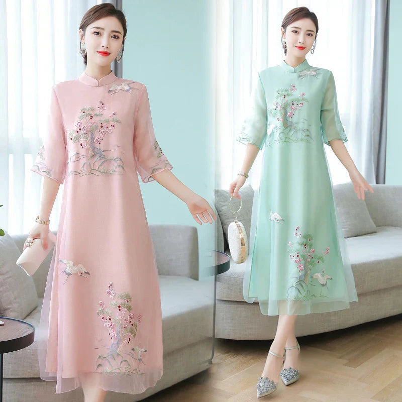 Women Cheongsam Improved Dress Retro Elegant Embroidery Long