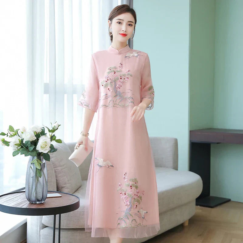 Women Cheongsam Improved Dress Retro Elegant Embroidery Long