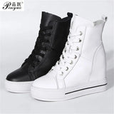 Women Genuine Leather 8cm Hidden Wedge Sneakers Platform Shoes High Heels Sneakers Woman Casual Shoes  White Women Trainer