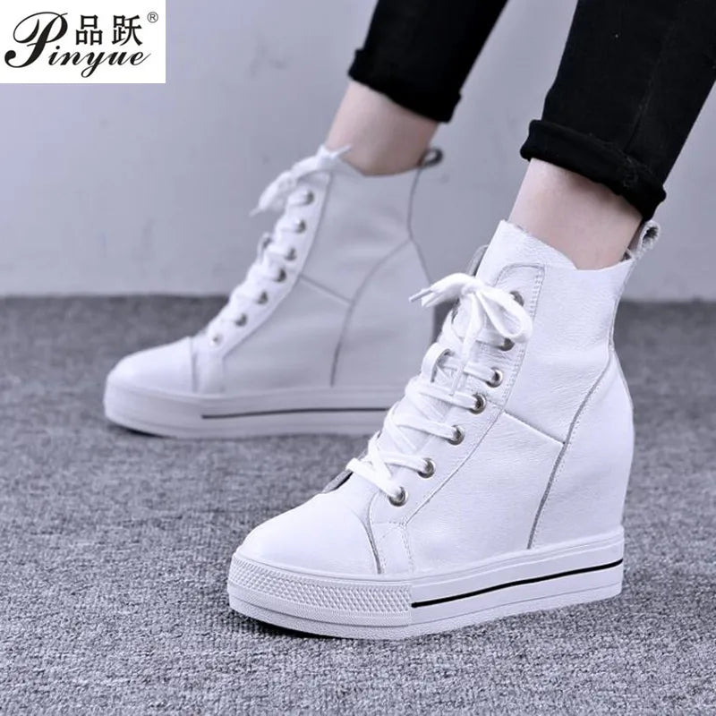 Women Genuine Leather 8cm Hidden Wedge Sneakers Platform Shoes High Heels Sneakers Woman Casual Shoes  White Women Trainer