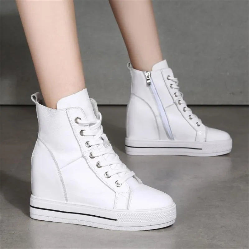 Women Genuine Leather 8cm Hidden Wedge Sneakers Platform Shoes High Heels Sneakers Woman Casual Shoes  White Women Trainer