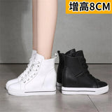 Women Genuine Leather 8cm Hidden Wedge Sneakers Platform Shoes High Heels Sneakers Woman Casual Shoes  White Women Trainer