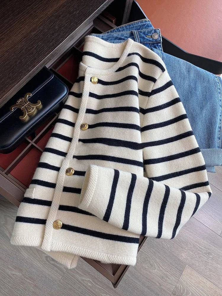 Women Spring Autumn Sweaters O-neck Stripe Knitted Cardigan