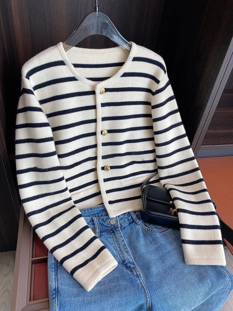Women Spring Autumn Sweaters O-neck Stripe Knitted Cardigan