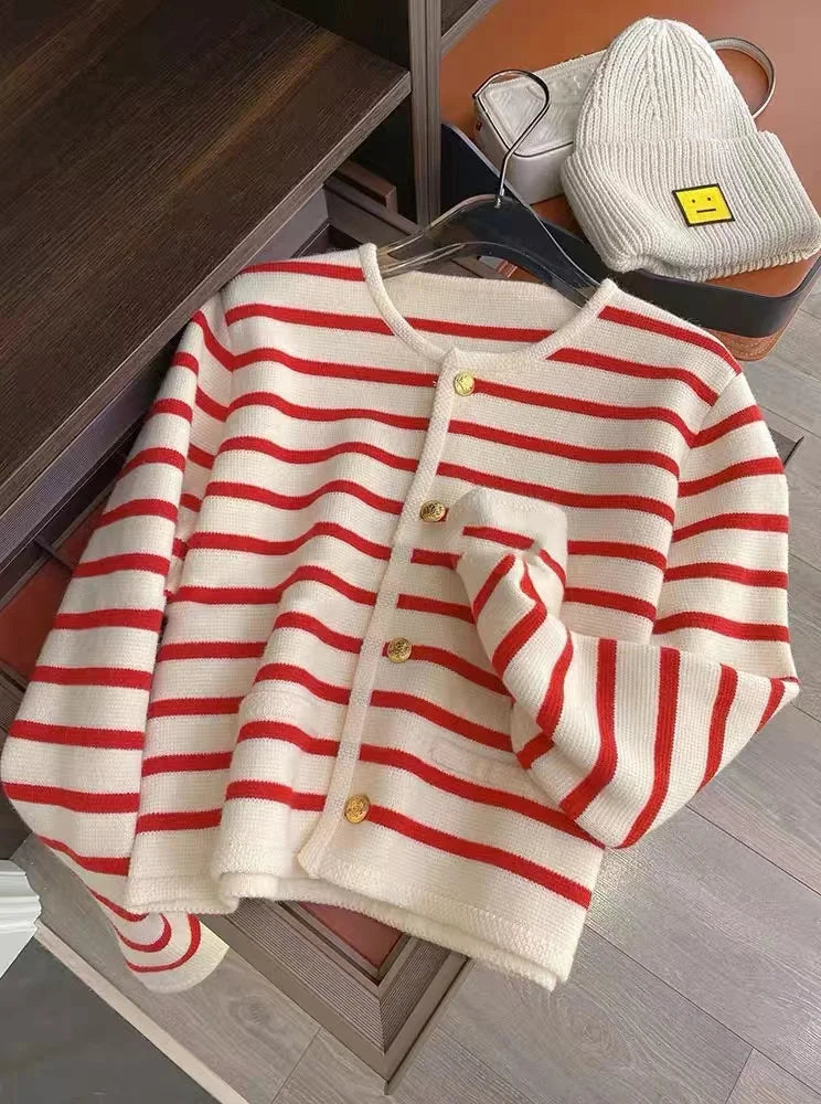 Women Spring Autumn Sweaters O-neck Stripe Knitted Cardigan