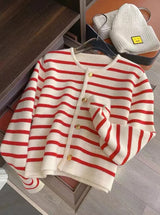 Women Spring Autumn Sweaters O-neck Stripe Knitted Cardigan