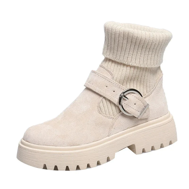 Women Warm Snow Boots Suede Knitting Stretch Ladies