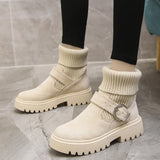 Women Warm Snow Boots Suede Knitting Stretch Ladies