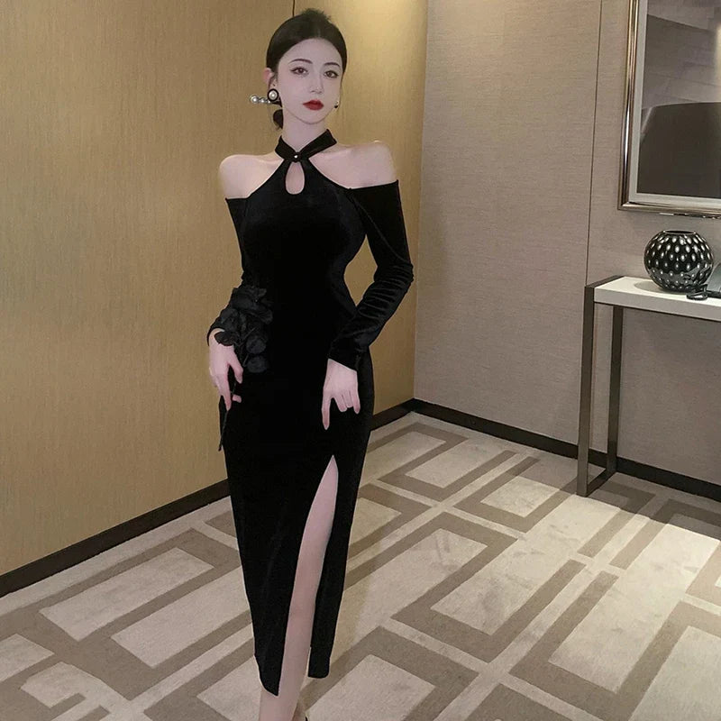 Womens Dress Off Shoulder Slim Sexy Split Cheongsam