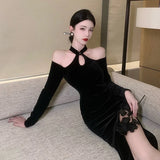 Womens Dress Off Shoulder Slim Sexy Split Cheongsam