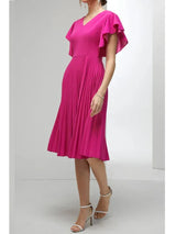 Womens Elegant Pleated ALine Dress Vneck Ruffle Sleeve