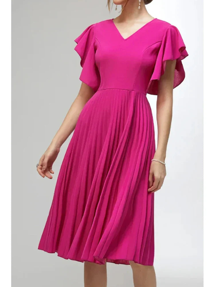 Womens Elegant Pleated ALine Dress Vneck Ruffle Sleeve