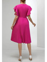 Womens Elegant Pleated ALine Dress Vneck Ruffle Sleeve