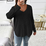 Womens Long Sleeve V Neck Solid Knit Pullover