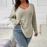 Womens Long Sleeve V Neck Solid Knit Pullover