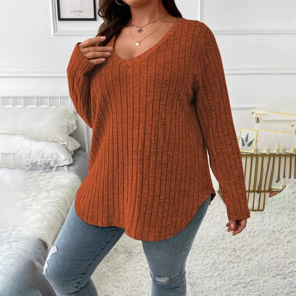 Womens Long Sleeve V Neck Solid Knit Pullover